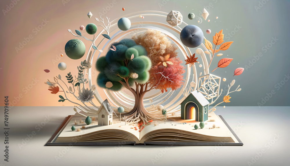 an open book on a flat surface with elements of nature and fantasy ...