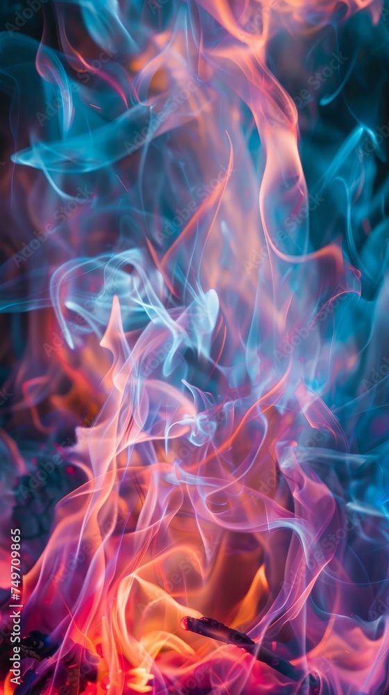 Vivid flames in blue and red hues dancing at night, creating a surreal visual effect Vivid flames in blue and red hues dancing at night, creating a surreal visual effect