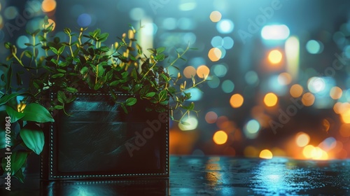 Lush green plants spilling from a black leather wallet against a blurred city lights background