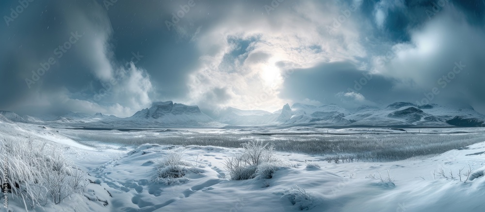 A snowy landscape stretches out before us, with towering mountains in the background under a cloudy winter sky. The snow creates a serene and stunning view.