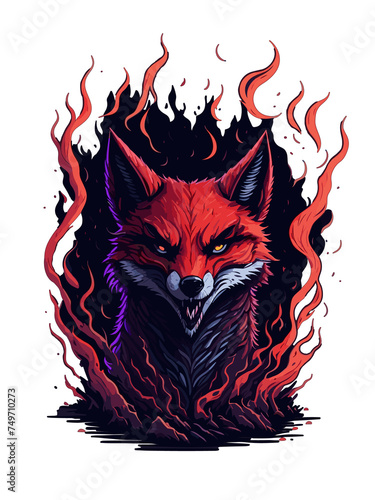 Fox between the flames and the darkness, fierce look