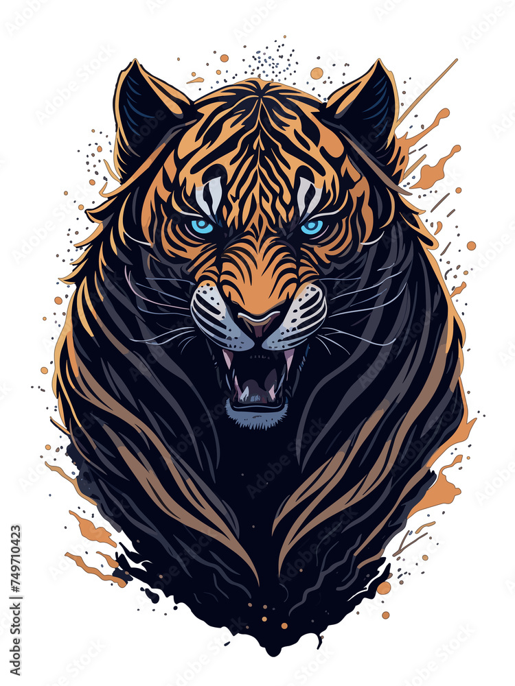 Illustration head of a warrior tiger with yellow and orange fur with deep blue eyes like the sky