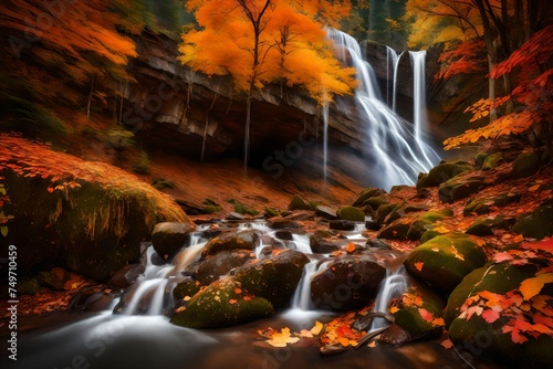 waterfall in autumn forest generated by AI technology  