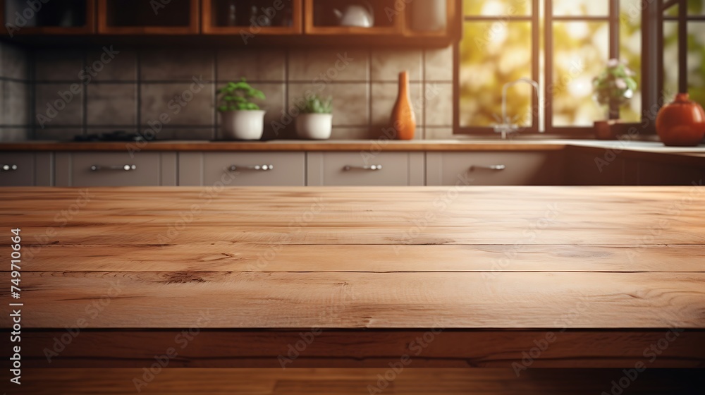 Empty wooden table with kitchen in background Empty wooden table with kitchen in background