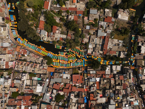 Xochimilco from the air, images of the canals and trajineras. CDMX, Mexico