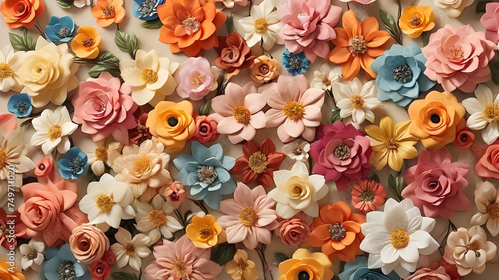 Artificial Flowers Wall for Background in vintage style.