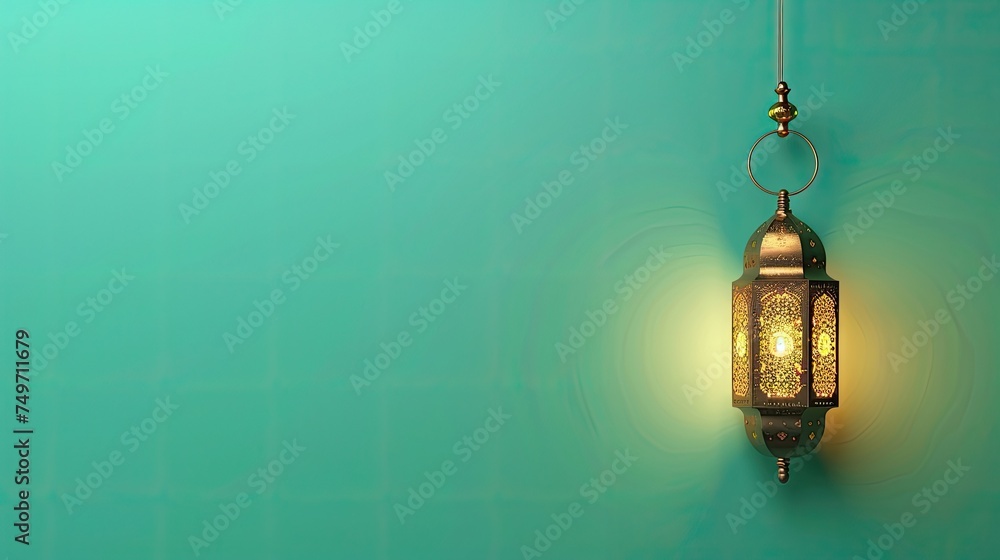 Celebrate Ramadan Kareem with a golden lantern on a green backdrop Celebrate Ramadan Kareem with a golden lantern on a green backdrop