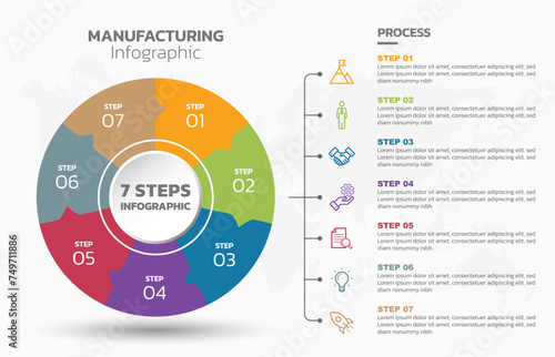 Visual data presentation. Cycle diagram with 7 options. Pie Chart Circle infographic template with 7 steps, options, parts, segments. Business concept. Marketing infographic vector illustration.