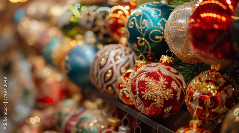 Colorful Christmas ornaments on display.