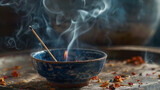Smoky incense stick in a blue bowl.