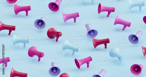 Moving and rotating megaphones, 4k loopable animated video 3d motion video background