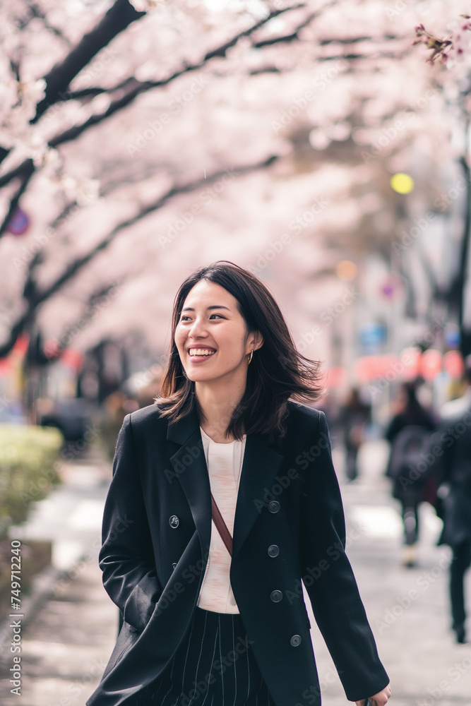 Fototapeta premium 桜の下を歩く新卒女性