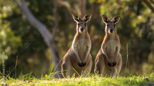 Two kangaroos in a sunny grassland. photo