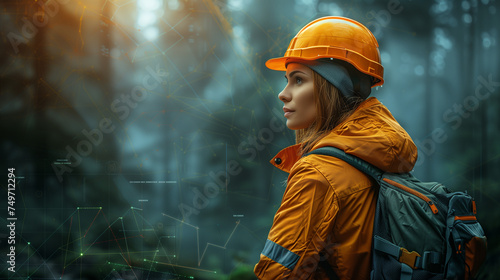 Femme portant un casque de chantier devant un paysage forestier et un graphique complexe