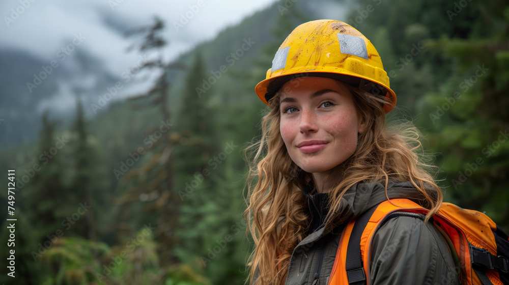 Femme ingénieur agronome ou BTP en forêt portant un casque de chantier Femme ingénieur agronome ou BTP en forêt portant un casque de chantier