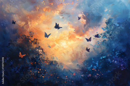 A beautiful painting of butterflies flocking in the sunset sky