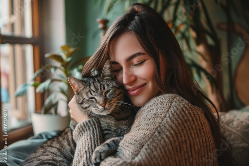 Portrait of happy young woman sitting with her cat in home