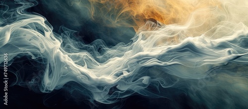 A captivating painting showcasing a dynamic fusion of white and orange smoke against a black background. The mesmerizing smoke swirls and twists, creating an enchanting visual experience.