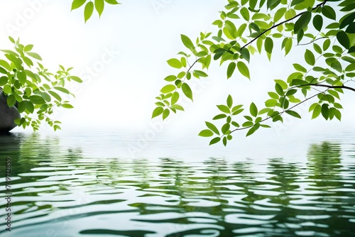 Relaxing background for a zen spa  with calm water and green leaves. White background and concept of nature and relaxation. Copy space