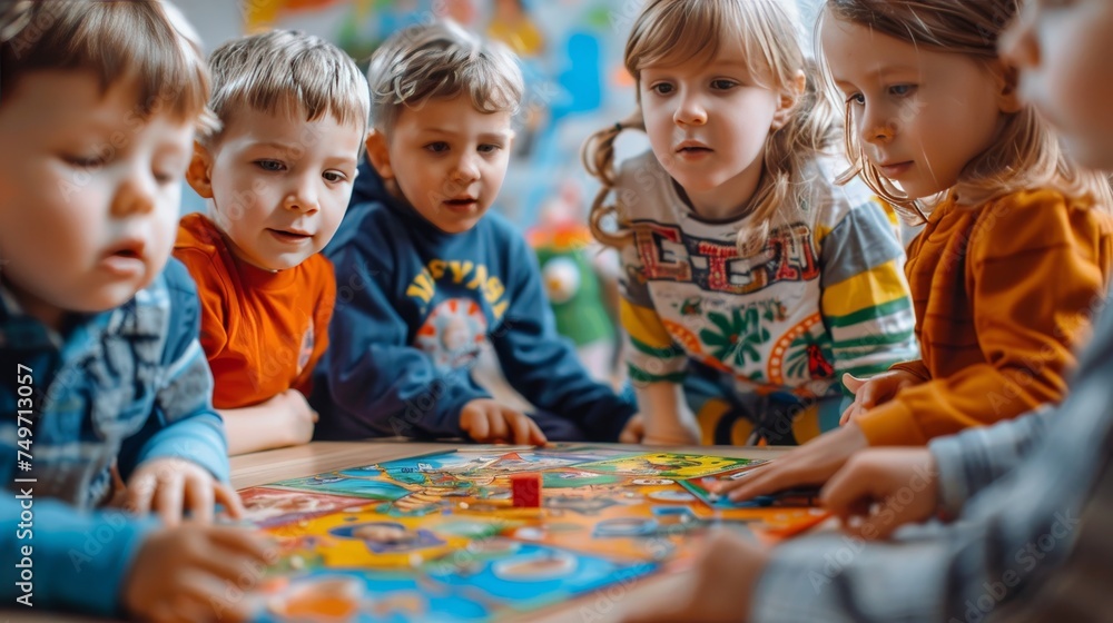 Kids playing board game together, having fun in candid group setting, enjoying their time. Kids playing board game together, having fun in candid group setting, enjoying their time.