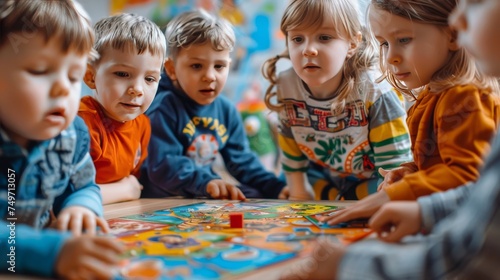 Kids playing board game together, having fun in candid group setting, enjoying their time.