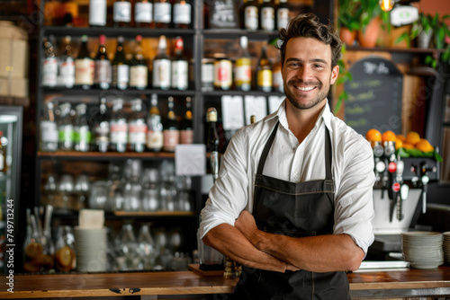 smiling bartender standing the front of the counter in a restaurant
