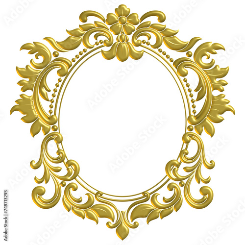 Vintage gold picture frame in oval shape for decoration. 3d illustration with transparent background.