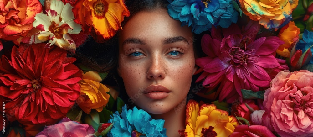 A young woman with striking blue eyes is surrounded by a variety of vibrant and colorful flowers in full bloom. The woman stands out against the backdrop of the beautiful floral display.