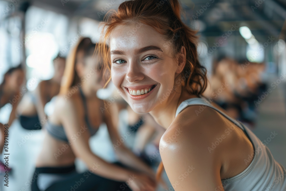 Young happy athletic woman stretching during exercise class in a gym