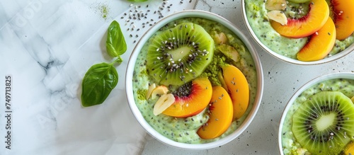 Three bowls are filled with a colorful assortment of kiwis, peaches, and spinach, arranged neatly on a cork surface with adhesive notes. The vibrant fruits and vegetables provide a healthy and