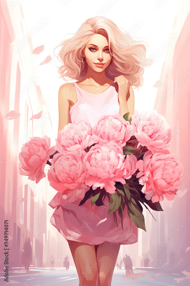Stylish woman holding large bouquet of pink peonies on the street, Illustration.