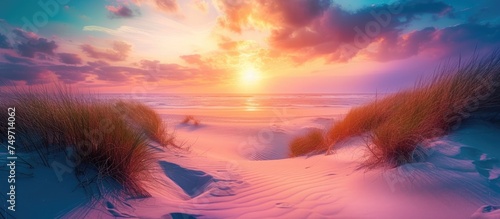 A painting portraying a colorful sunset over a sandy beach, with the sun dipping below the horizon and casting vibrant hues of orange, pink, and purple across the sky and water. The scene captures the