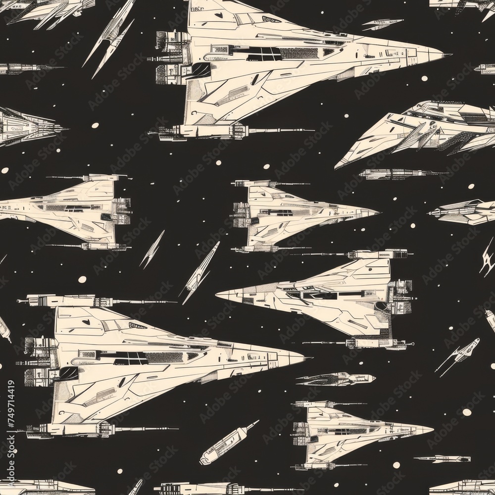 Obraz premium Monochrome Spacecraft Illustration Pattern 
