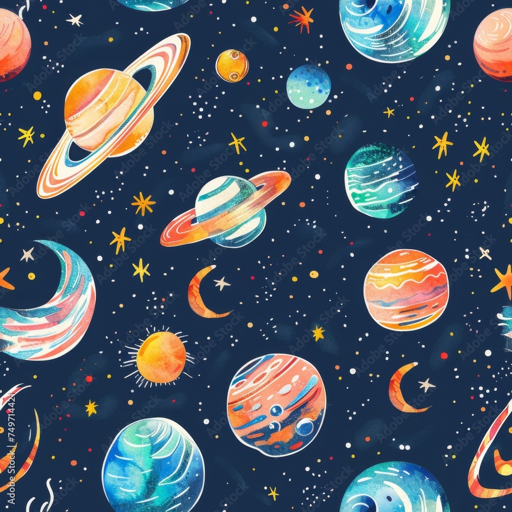 Naklejka premium Colorful Planetary Bodies and Celestial Patterns 