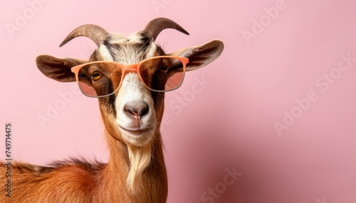 Cool and funny goat wearing sunglasses on pastel color background with space for text placement