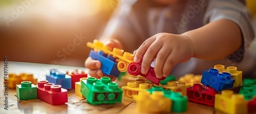 Colorful plastic constructor blocks  little boy playing, ultra hd, close up with copy space