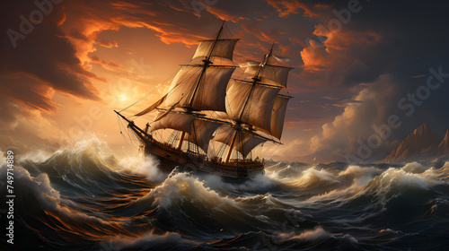 19th century clipper crossing the ocean at full speed to escape the towering storm, tall storm clouds in the background, lightning flashing from the clouds, sun shining through the clouds photo