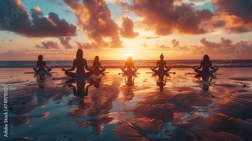 Group of People Practicing Yoga on Surfboards at Sea During Sunrise © Sven