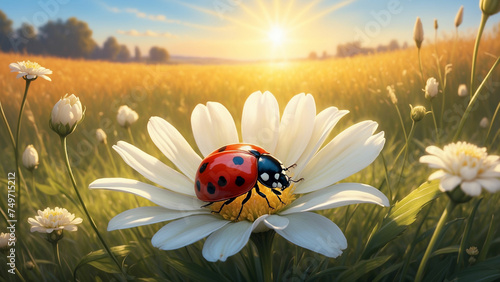 A solitary ladybug basks in the warm light on a white flower, casting a captivating shadow on the meadow floor and the vibrant colors of the setting sun reflect in its tiny wings