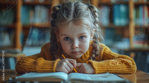 Thoughtful Young Girl Studying in Library with Pencil and Notebook