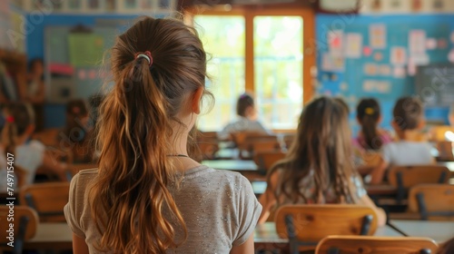 Young Girl Facing Classmates in a Bright Classroom Setting