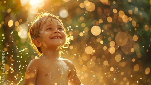 Joyful Child Playing with Water Sprinkles in Sunlight