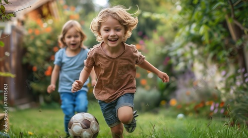 Happy Children Playing Soccer Together in a Garden