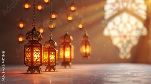 Array of Festive Lanterns. A row of glowing traditional lanterns casting a festive atmosphere. © AI Visual Vault