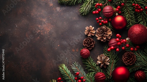 Festive Christmas Decoration with Red Baubles and Green Fir Branches