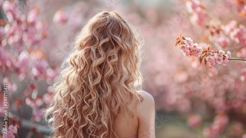Woman with Curly Blonde Hair Enjoying Cherry Blossoms in Bloom Sakura