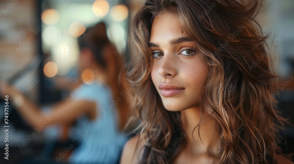 Portrait of a Young Woman with Curly Hair in a Modern Salon Portrait of a Young Woman with Curly Hair in a Modern Salon