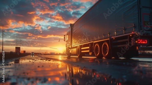 Semi Truck on Highway During Wet Sunset, Reflective Road Surface