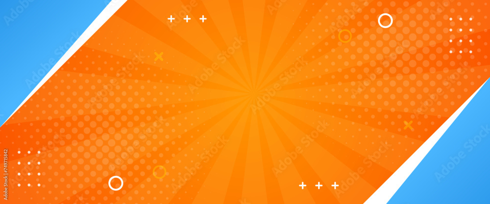 Bright orange abstract geometric background. Orange comic sunburst effect background with halftone. Suitable for templates, sales banners, events, ads, web, and others