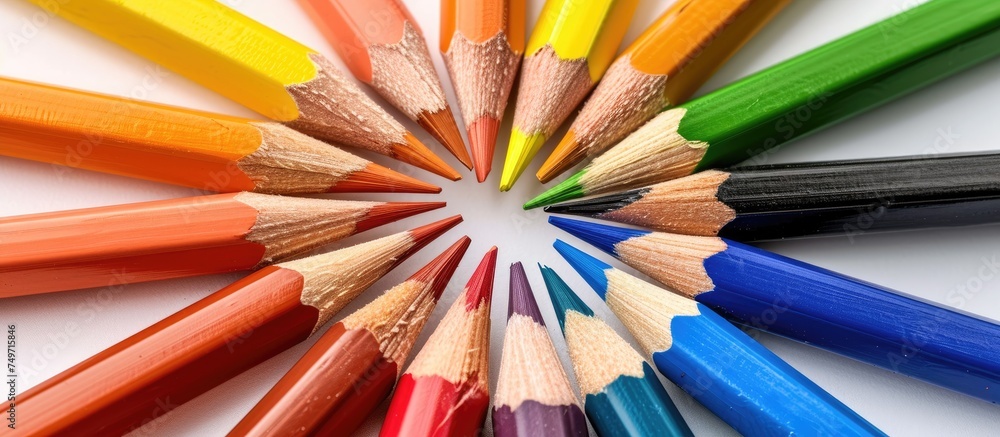 A group of various colored pencils arranged in circular and spiral patterns on a white background. The pencils are neatly placed to symbolize creativity and artistry, reminiscent of school settings.